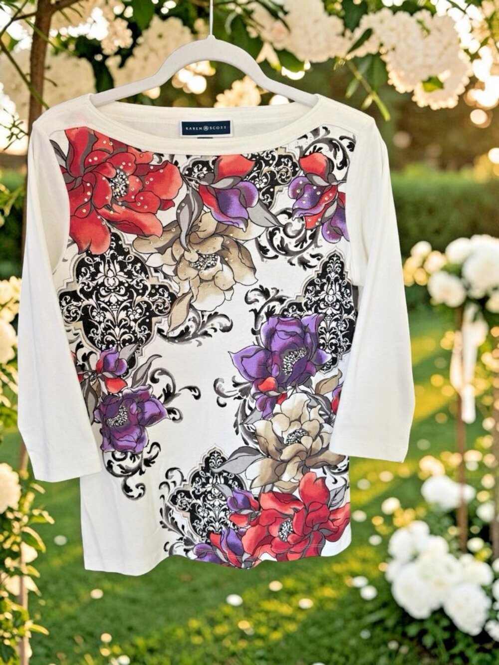Karen Scott Ivory/Multicolor Floral 3/4 Sleeve Top-Size Small-NWT